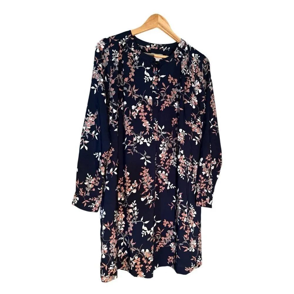 Loft Size M Long Sleeve Button Front Shift Dress Dark Blue Floral Modest Fairy